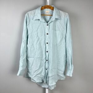 Petalura Linen‎ Shirt Top Womens 1X Pale Blue Long Sleeve Button Up European